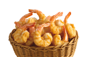 Crispy golden fried shrimp tempura in a woven basket isolated on transparent background
