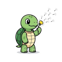 Fototapeta premium Cute turtle blowing dandelion seeds in the wind on a white background