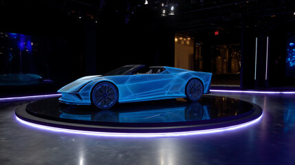 A futuristic blue holographic sports car displayed on a circular platform with neon lighting in a dark, modern showroom environment