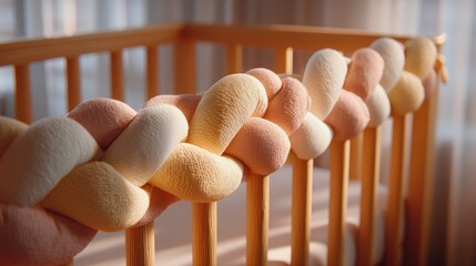 Cozy textile braid decoration for nursery crib in soft pastel colors, creating a warm and inviting atmosphere for babies and parents