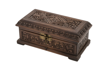 Antique carved wooden treasure chest with intricate details isolated on transparent background