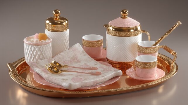 Elegant porcelain tea set with gold accents and decorative serving tray for afternoon gatherings and special occasions