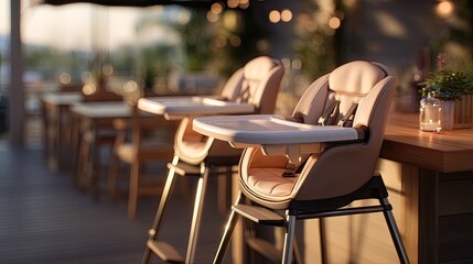 Modern high chairs in stylish restaurant setting with soft lighting and elegant decor for family dining experience