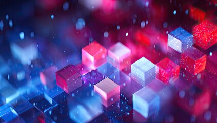 A vibrant, abstract composition featuring a collection of glowing, translucent cubes in a futuristic display