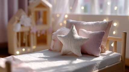 Cozy children's bedroom with soft pillows and a handmade star cushion illuminated by natural light and decorative lights
