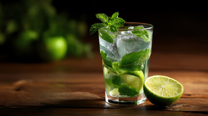 A refreshing mojito cocktail with lime, mint leaves, and ice cubes in a clear glass on a wooden surface, accompanied by a halved lime under warm lighting