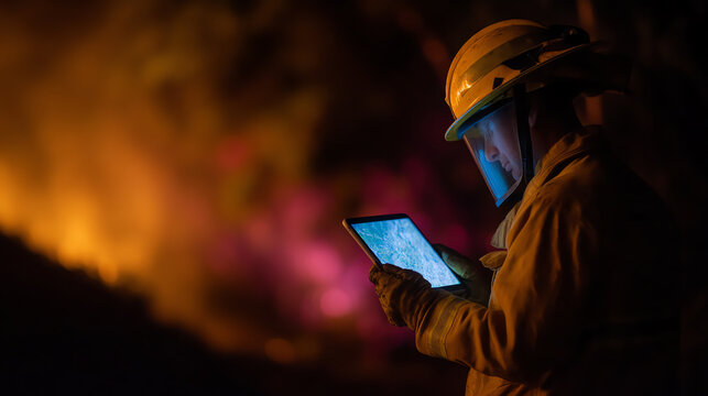 A firefighter wearing protective gear uses a tablet to assess and monitor a wildfire at night with glowing flames and smoke in the background - Powered by Adobe