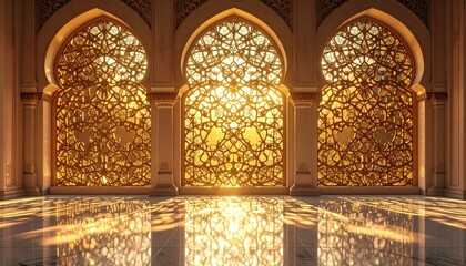 Ornate Arched Windows with Golden Light in Elegant Interior Architecture