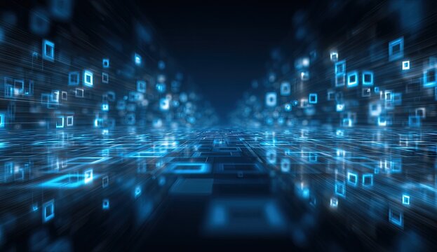 Abstract futuristic tunnel of glowing blue squares and digital data movement toward vanishing point