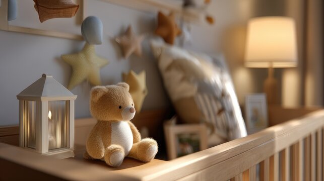 Cozy and Inviting Nursery Scene with Soft Teddy Bear and Ambient Lighting for Baby's Room - Powered by Adobe