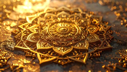 Ornate Gold Mandala, Golden Patterned Artwork, Detailed Circular Design