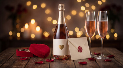 Sparkling rose bottle with two flutes, heart-shaped chocolate box and sealed love letter on a rustic wooden table with scattered rose petals and bokeh lights