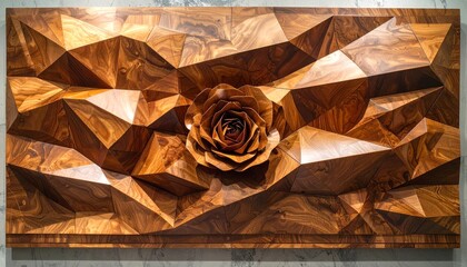 Wooden Geometric Wall Art with Carved Rose Decorative Panel for Home Decor