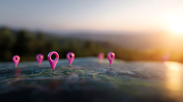 Map with multiple pink location pins marking various points, highlighted by a warm sunset glow and a blurred natural background