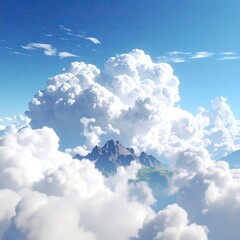 Mountain peaks surrounded by fluffy, immense, white clouds