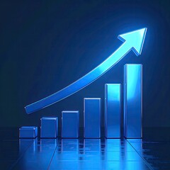 Rising blue bar graph w/ arrow against dark background