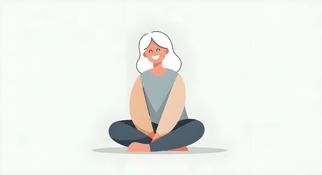 Happy woman meditating comfortably in peaceful yoga pose - Powered by Adobe