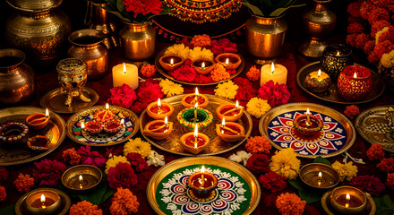 Vibrant Diwali Altar With Oil Lamps, Candles, And Floral Decor For Celebration