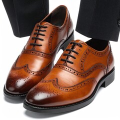 Polished brown leather dress shoes with a suit
