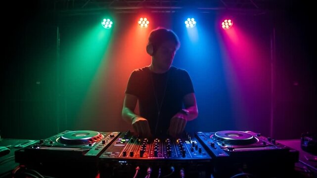DJ mixing music on equipment with colorful stage lighting creating a vibrant atmosphere