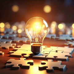 Glowing bulb on puzzle pieces, bokeh background