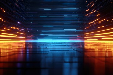 Futuristic digital tunnel with blue and orange data streams and a reflective floor