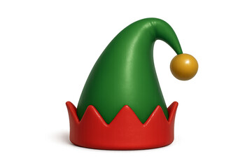A whimsical green and red elf hat with a pointed zigzag brim and a yellow bell on its curved tip, rendered in a cute and festive 3D claymation style for the holiday season