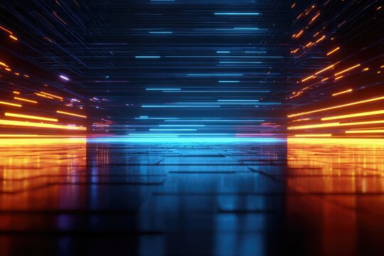 Futuristic digital tunnel with blue and orange data streams and a reflective floor