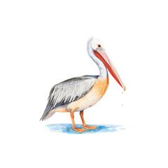 Obraz premium A watercolor illustration of a pelican, featuring a long pink beak, gray and white plumage, and orange legs, with water droplets.