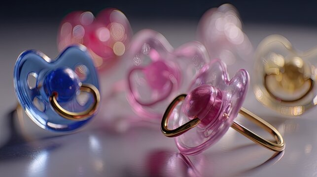 Colorful pacifiers arranged on a reflective surface, showcasing a variety of designs and textures in vibrant shades of pink and blue - Powered by Adobe