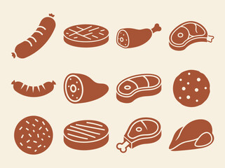 Solid filled icon set featuring diverse frozen meat products including beef patty chicken breast sausage link and pork chop for culinary and food service applications