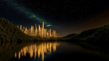 A glowing futuristic cityscape at night reflects on calm water, surrounded by dense forest under a starry sky with a faint aurora visible above