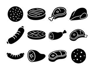 Solid filled icon set featuring a variety of frozen meat products including beef patty chicken breast sausage link pork chop and meatball for culinary or grocery applications