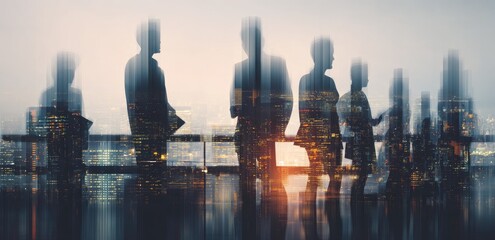Silhouette of a group of people overlaid with a city skyline at dusk or dawn