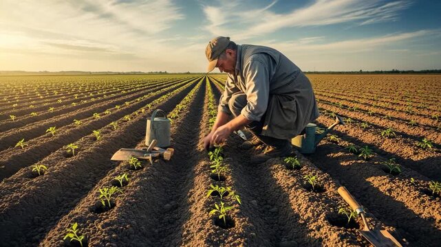 Farmer planting young seedlings in fertile soil rows during a golden sunset