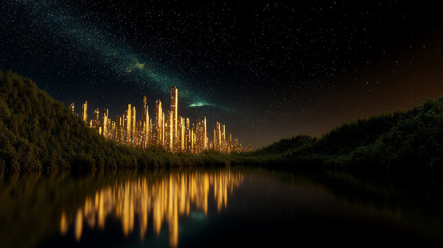 A glowing futuristic cityscape at night reflects on calm water, surrounded by dense forest under a starry sky with a faint aurora visible above