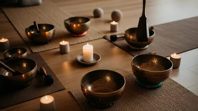 Tibetan singing bowls and lit candles arranged for meditation or sound healing session