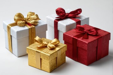 Obraz premium Four gift boxes two white one gold one red with ribbon and bows sit on a white surface
