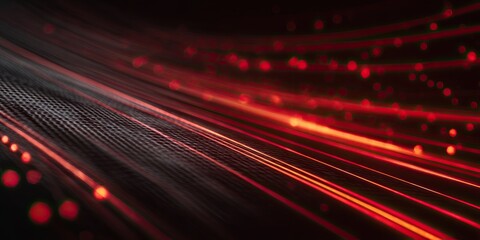 A dynamic abstract composition featuring flowing red lines against a dark gradient, dotted with glowing particles