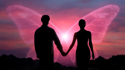Silhouetted couple holding hands against a pink and purple sunset backdrop with glowing, ethereal butterfly wings creating a magical, romantic atmosphere