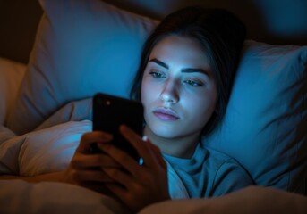 Young woman lying in bed at night, illuminated by the blue light of her smartphone screen, looking thoughtful and concerned