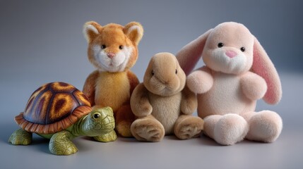 Adorable Collection of Plush Toys Featuring a Lion, Rabbit, Turtle, and Bunny for Child's Play and Decor