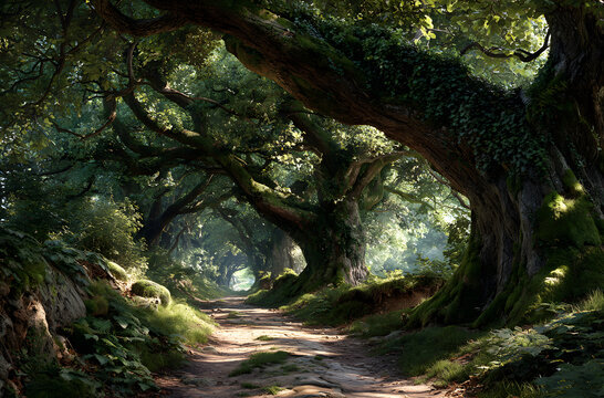 Halnaker tree tunnel in West Sussex UK with sunlight shining in. This is an ancient road which follows the route of Stane Street, the old London to Chichester road.