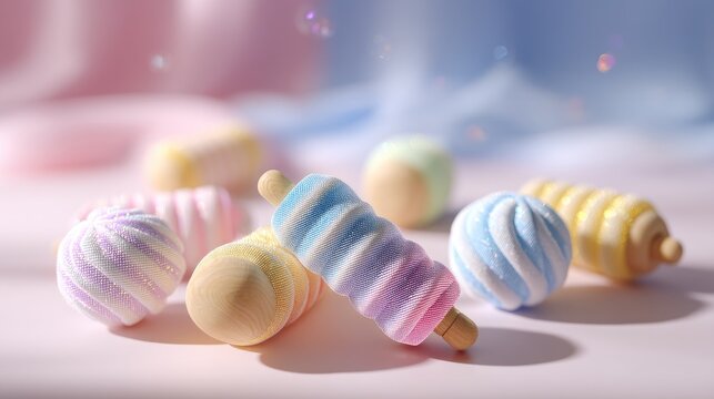 Soft Pastel Colored Rolling Pins and Baking Props on Light Background with Bokeh Effect and Gentle Pastel Hues