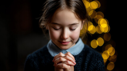 Young girl with closed eyes and clasped hands, appearing to pray or meditate softly, with warm golden bokeh lights in the background creating a peaceful atmosphere