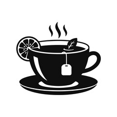 A cup of tea on a saucer with a lemon wedge, a warm drink design with simple, elegant lines. Cup of tea, hot drink, lemon wedge, vector tea, warm drink