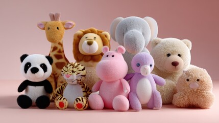 A Colorful Collection of Adorable Plush Toys Featuring Various Animal Designs on a Soft Pink Background