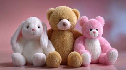 Adorable collection of plush toys featuring a white bunny, tan bear, and pink bear on a soft background