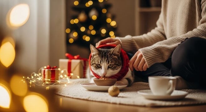 Cute Tabby Kitten Lying in Fresh Snow with Festive Bokeh Lights During Winter Holiday