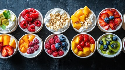 Delicious bowls of fresh fruit and yogurt creating a vibrant display of healthy eating for breakfast or dessert, perfect for a nutritious lifestyle campaign